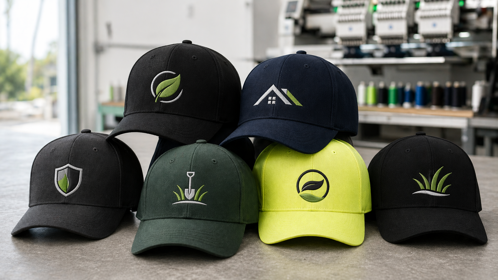 Grouped work caps with embroidered logos