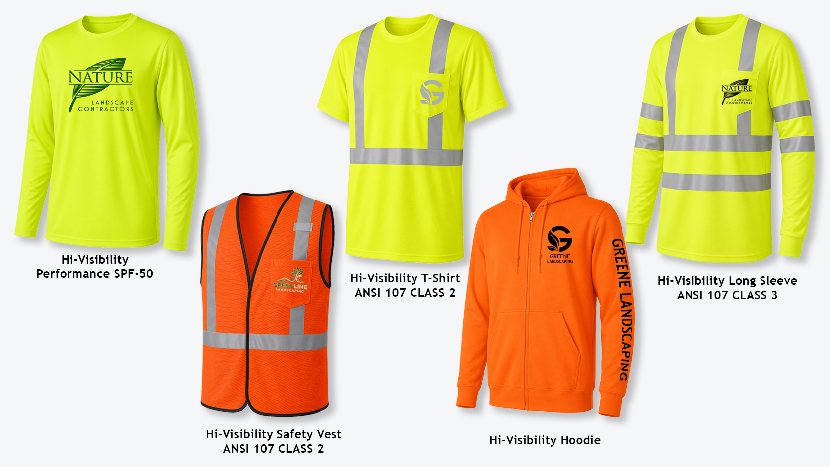 High-visibility shirts, reflective vests, and safety apparel with custom logos